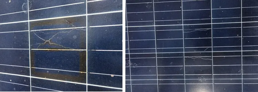 Close-ups of visual defects on solar cells: cracks and scratches